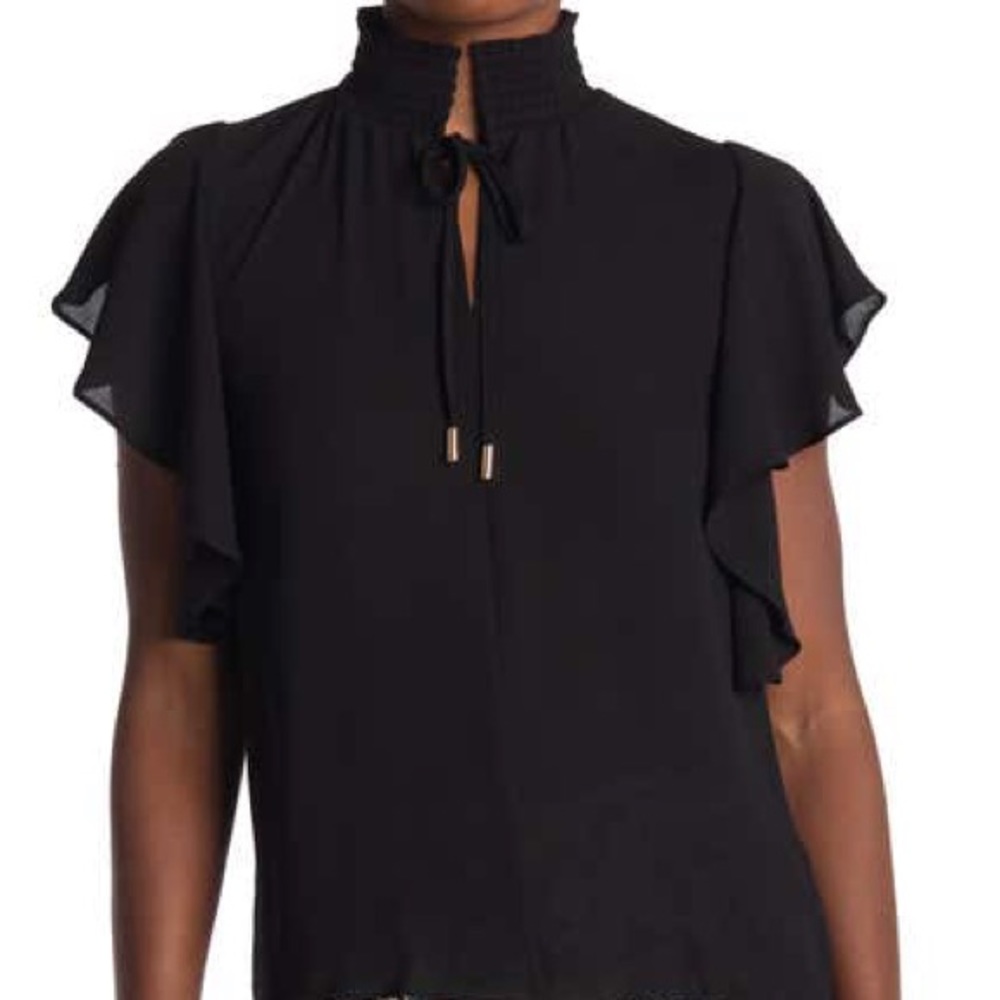 Short Sleeve Flutter Smocked Neck Blouse